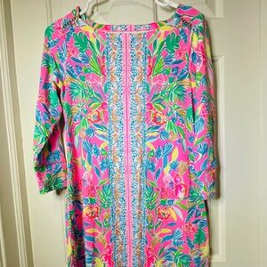 Lilly Pulitzer Sophie Dress S Pink Tropical Print 3/4 Sleeve UPF 50+ Shift